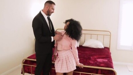 Ebony with curly hair handles monster inches deep in her tiny peach